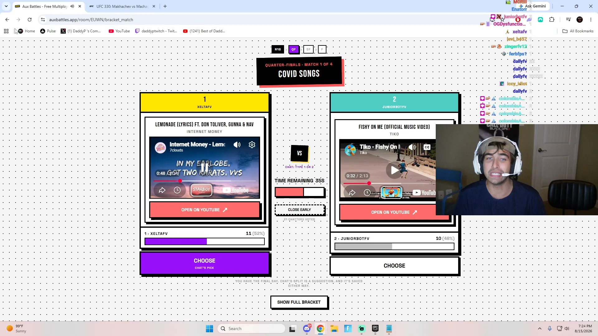 Bracket quarter-final match on twitch.tv/daddyp, "Covid Songs" prompt, Internet Money's "Lemonade" against Tiko's "Fishy on Me," chat vote split showing 52% to 48%