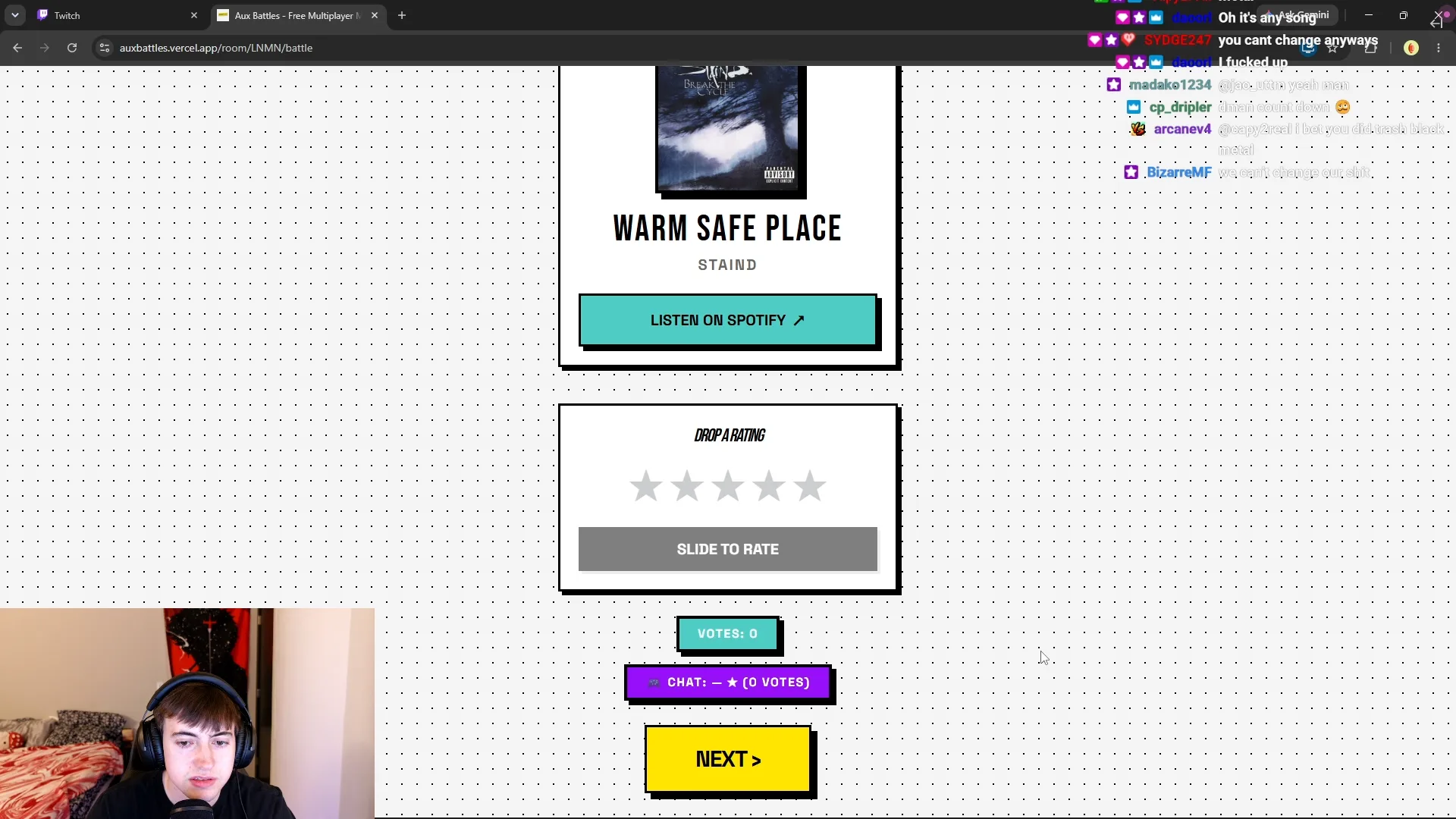 The battle screen mid-round: Staind, "Warm Safe Place," star rating UI below it, chat calling out votes and picks