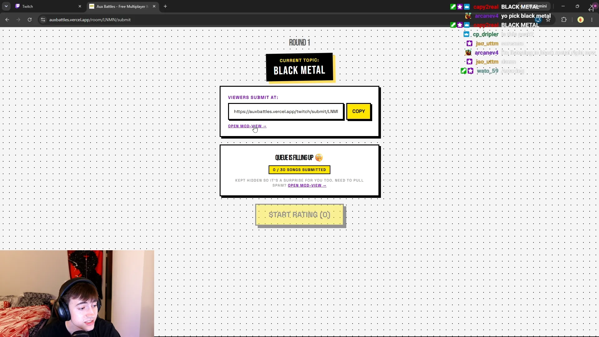 Twitch submit queue during round 1, "Black Metal" as the current topic, viewers submitting via a link, chat reacting in real time