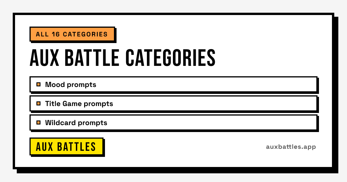 Aux Battle Categories card from Aux Battles, showing Mood prompts, Title Game prompts, Wildcard prompts