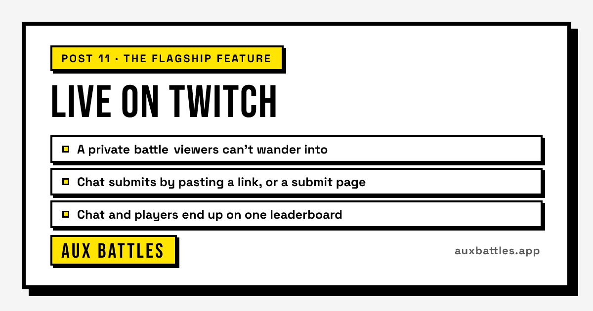 Live on Twitch card from Aux Battles, showing A private battle viewers can't wander into
