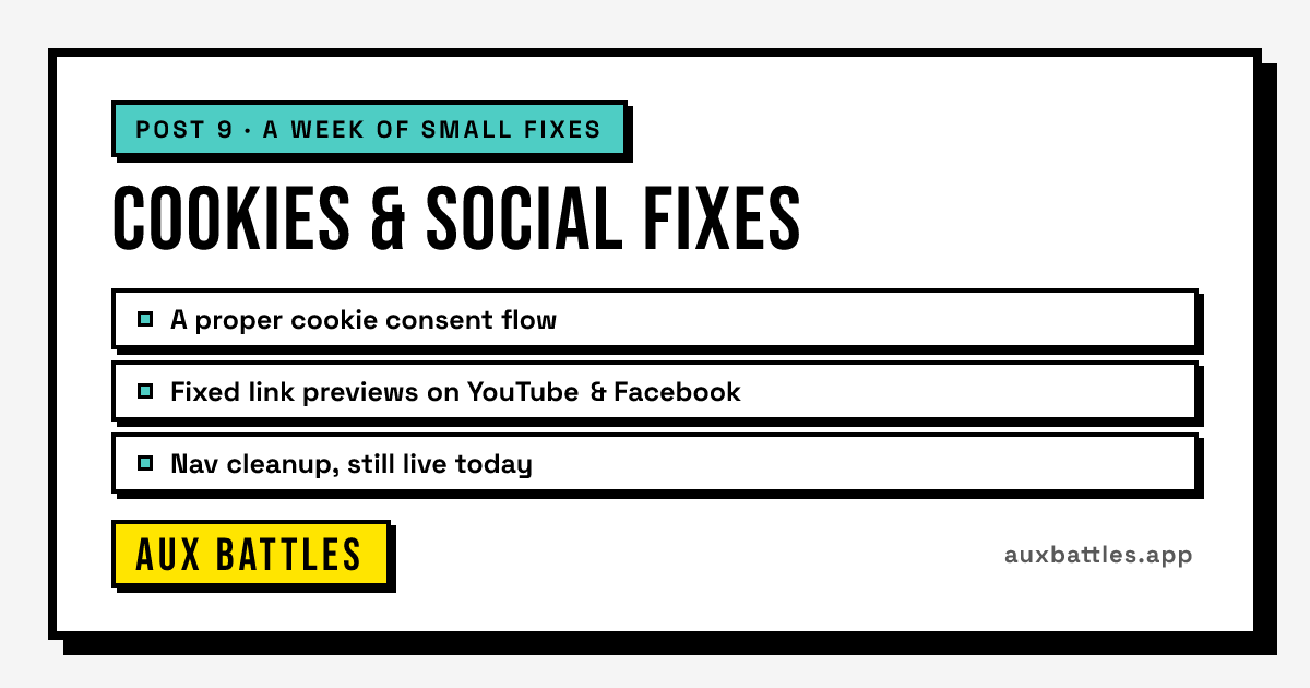 Cookies & Social Fixes card from Aux Battles, showing A proper cookie consent flow, Fixed link previews on YouTube & Facebook