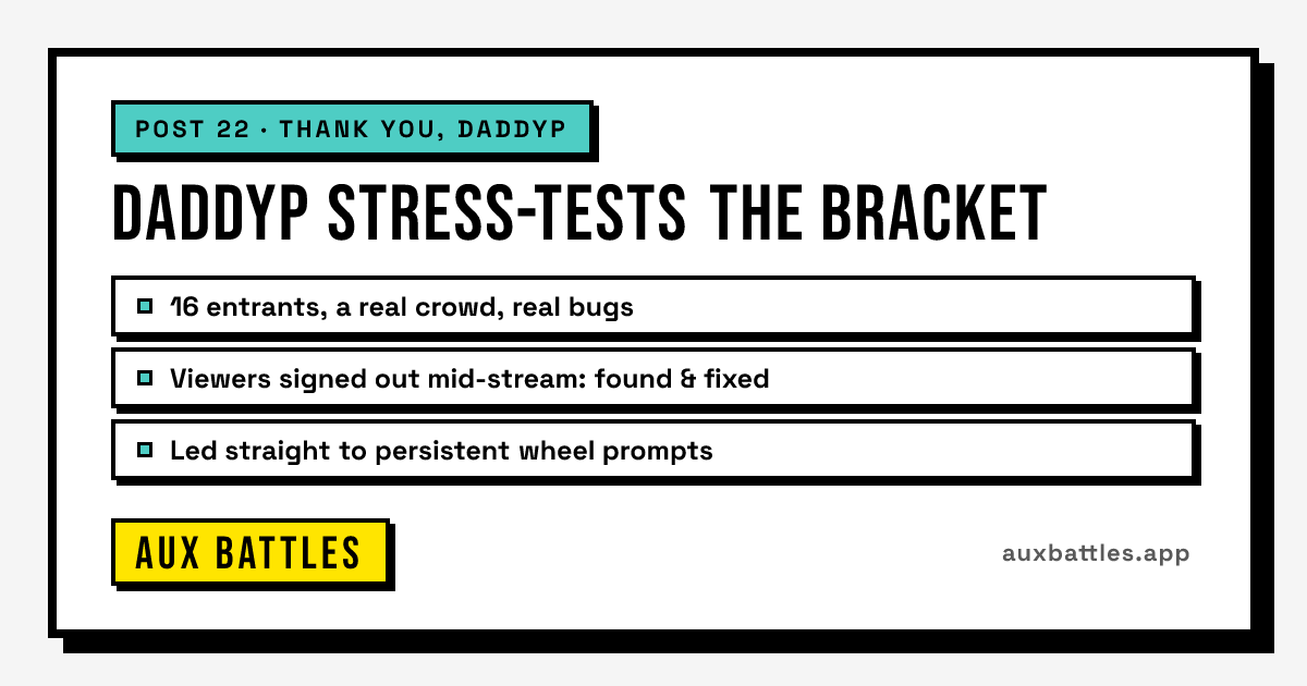 DaddyP Stress-Tests the Bracket card from Aux Battles, showing 16 entrants, a real crowd, real bugs