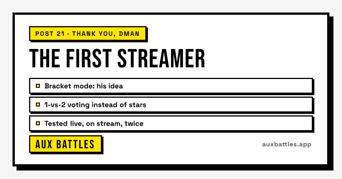 The First Streamer card from Aux Battles, showing Bracket mode: his idea, 1-vs-2 voting instead of stars