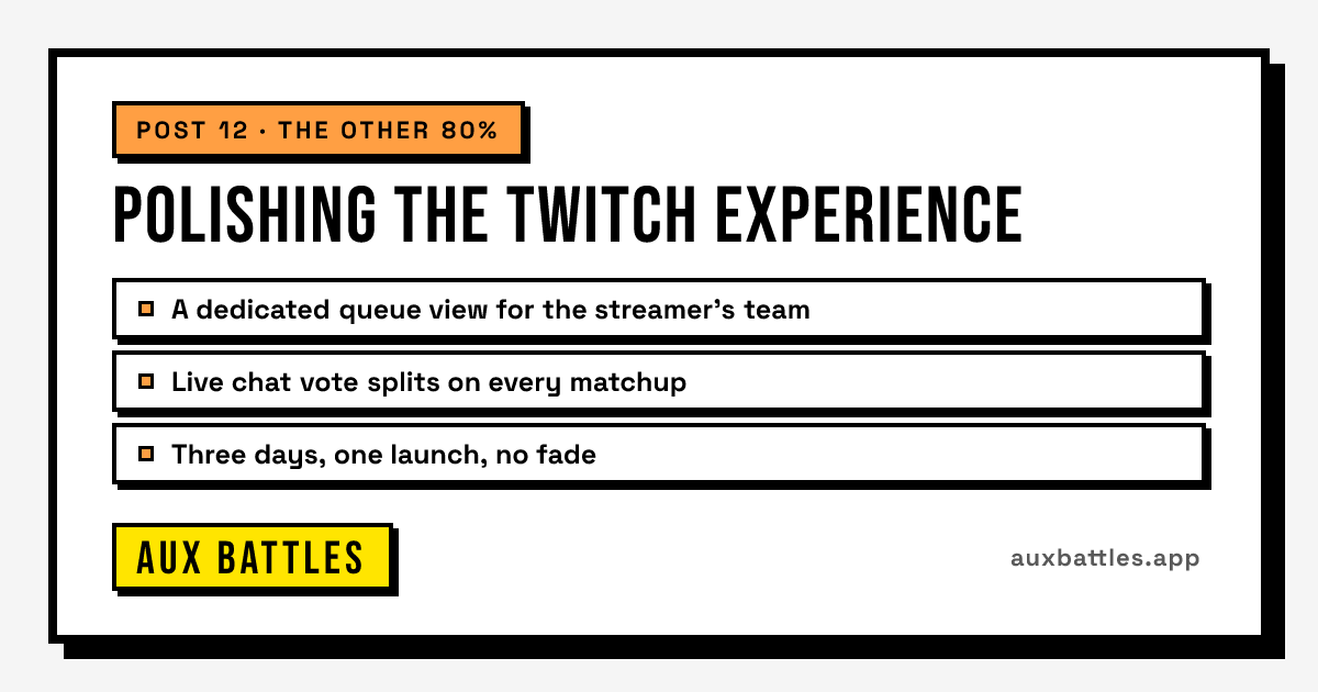 Polishing the Twitch Experience card from Aux Battles, showing A dedicated queue view for the streamer's team