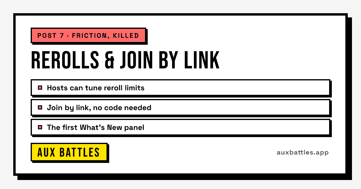 Rerolls & Join by Link card from Aux Battles, showing Hosts can tune reroll limits, Join by link, no code needed