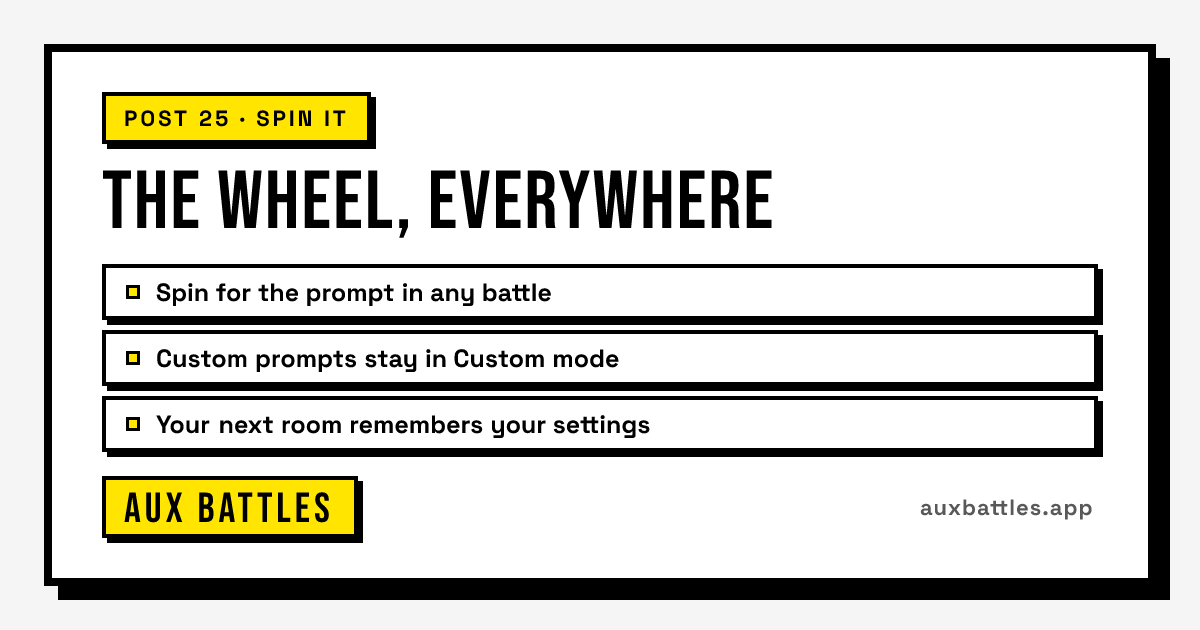 The Wheel, Everywhere card from Aux Battles, showing Spin for the prompt in any battle, Custom prompts stay in Custom mode