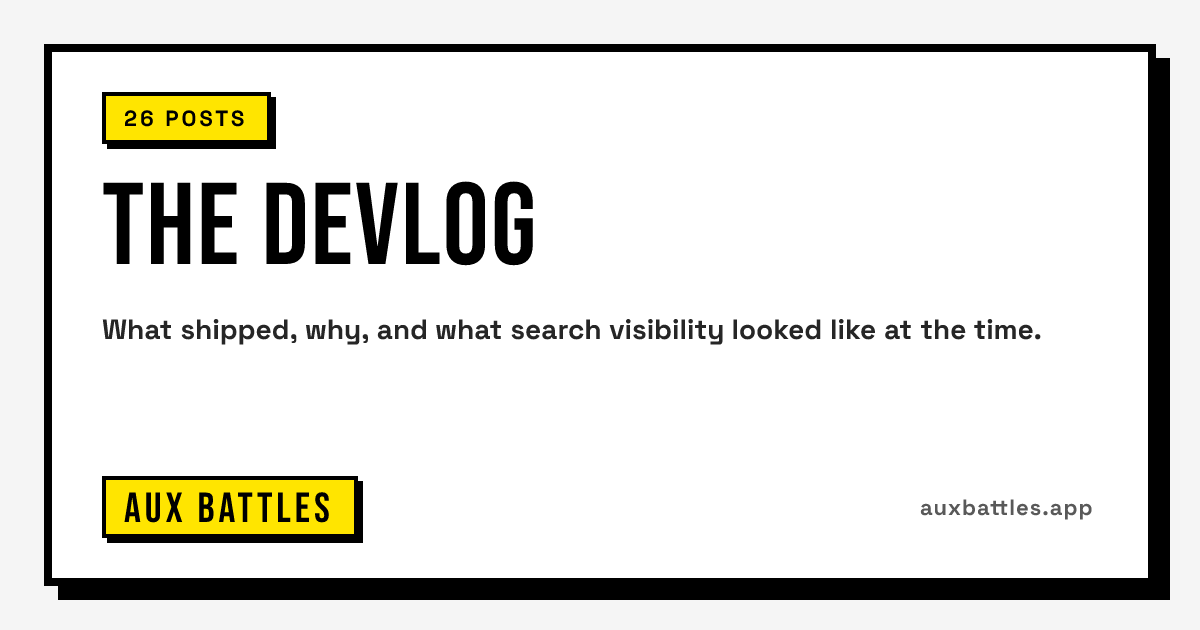 The Devlog card from Aux Battles: 26 posts