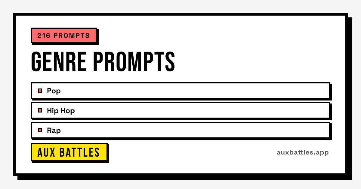 Genre Prompts card from Aux Battles, showing Pop, Hip Hop, Rap