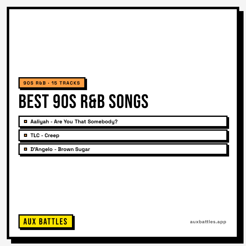 Best 90s R&B Songs card from Aux Battles, showing Aaliyah - Are You That Somebody?, TLC - Creep, D'Angelo - Brown Sugar