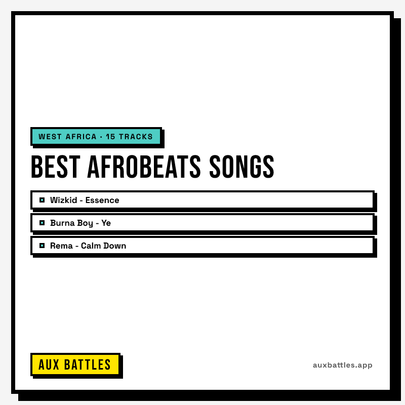 Best Afrobeats Songs card from Aux Battles, showing Wizkid - Essence, Burna Boy - Ye, Rema - Calm Down