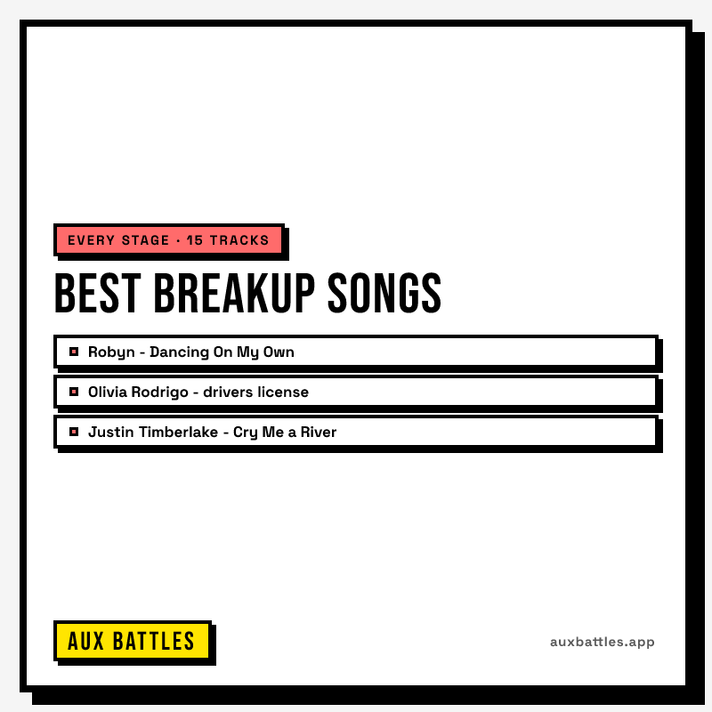 Best Breakup Songs card from Aux Battles, showing Robyn - Dancing On My Own, Olivia Rodrigo - drivers license