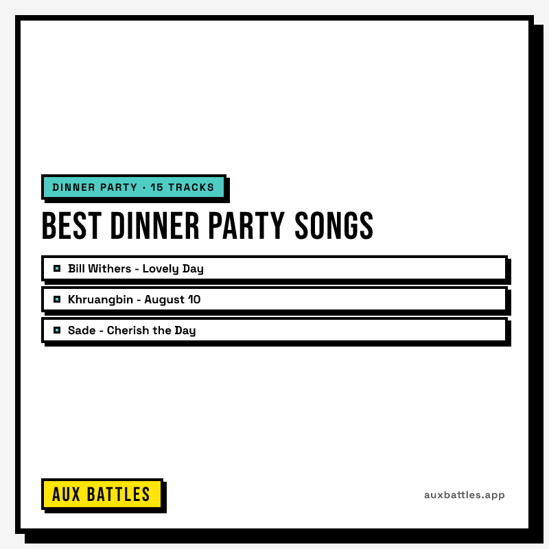 Best Dinner Party Songs card from Aux Battles, showing Bill Withers - Lovely Day, Khruangbin - August 10