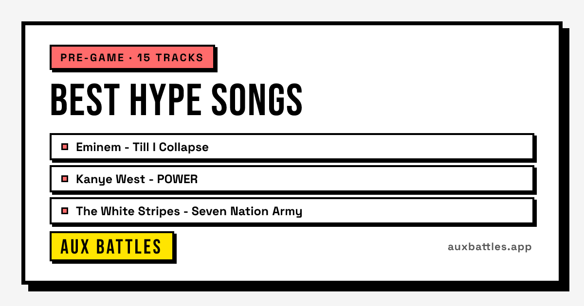 Best Hype Songs card from Aux Battles, showing Eminem - Till I Collapse, Kanye West - POWER