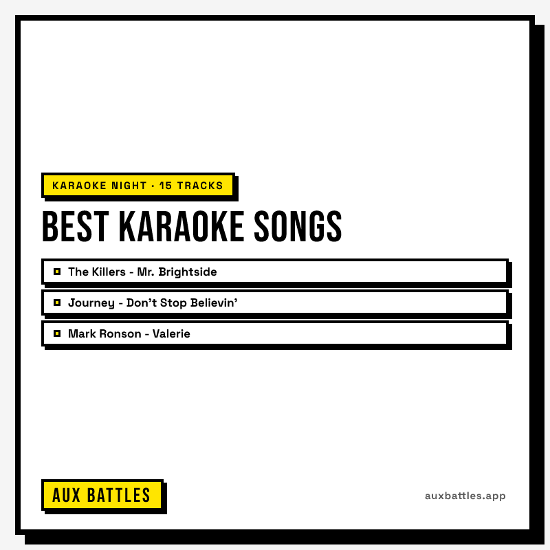 Best Karaoke Songs card from Aux Battles, showing The Killers - Mr. Brightside, Journey - Don't Stop Believin'
