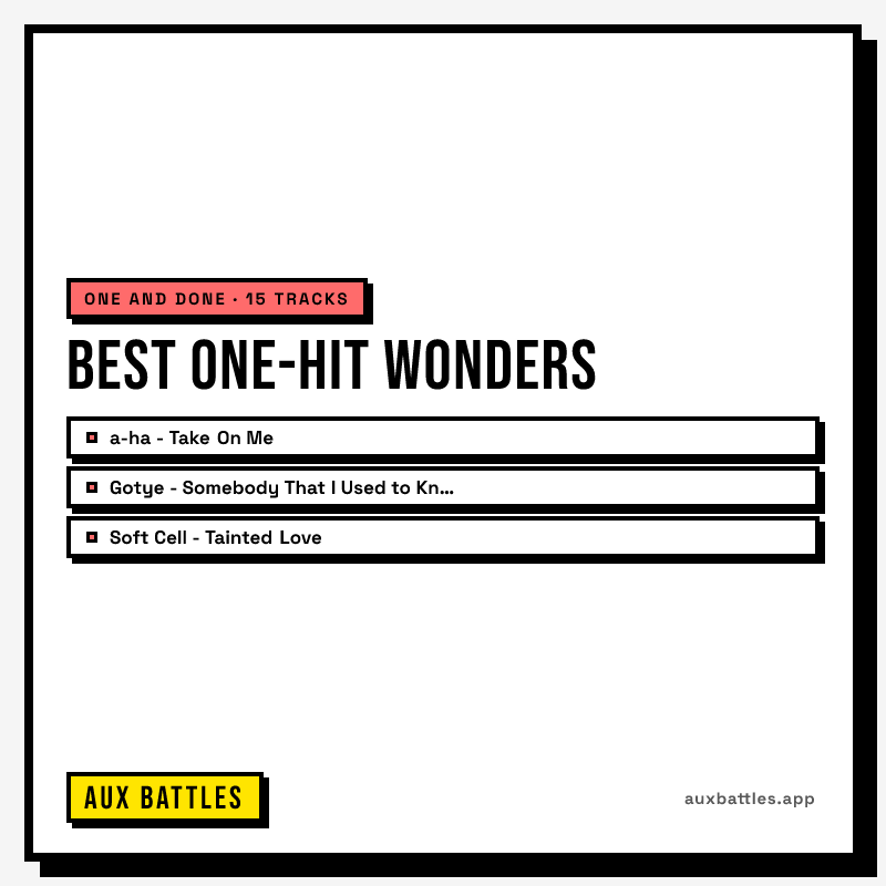 Best One-Hit Wonders card from Aux Battles, showing a-ha - Take On Me, Gotye - Somebody That I Used to Know