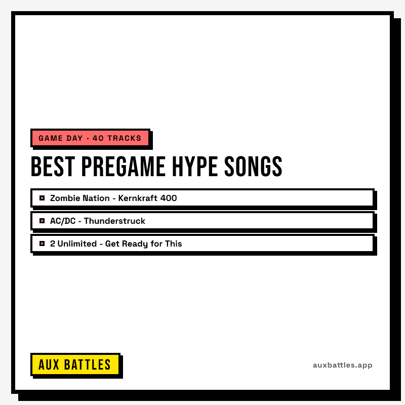 Best Pregame Hype Songs card from Aux Battles, showing Zombie Nation - Kernkraft 400, AC/DC - Thunderstruck
