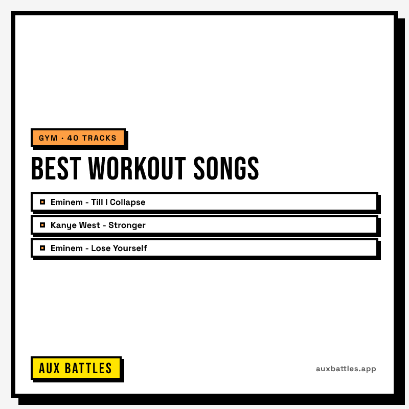 Best Workout Songs card from Aux Battles, showing Eminem - Till I Collapse, Kanye West - Stronger, Eminem - Lose Yourself