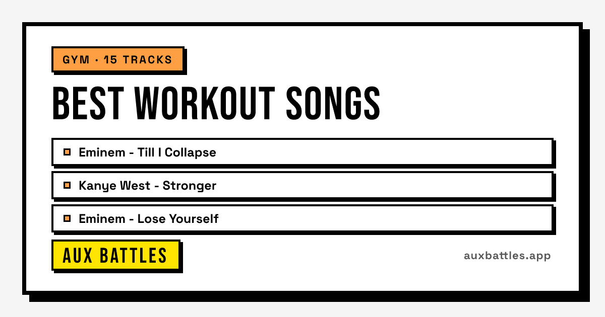 Best Workout Songs card from Aux Battles, showing Eminem - Till I Collapse, Kanye West - Stronger, Eminem - Lose Yourself