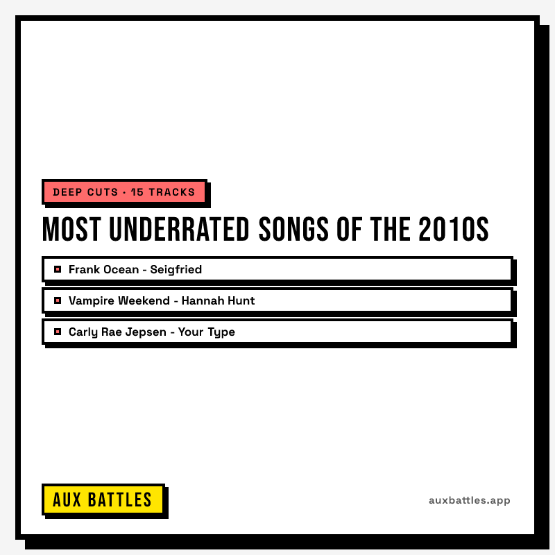 Most Underrated Songs of the 2010s card from Aux Battles, showing Frank Ocean - Seigfried, Vampire Weekend - Hannah Hunt
