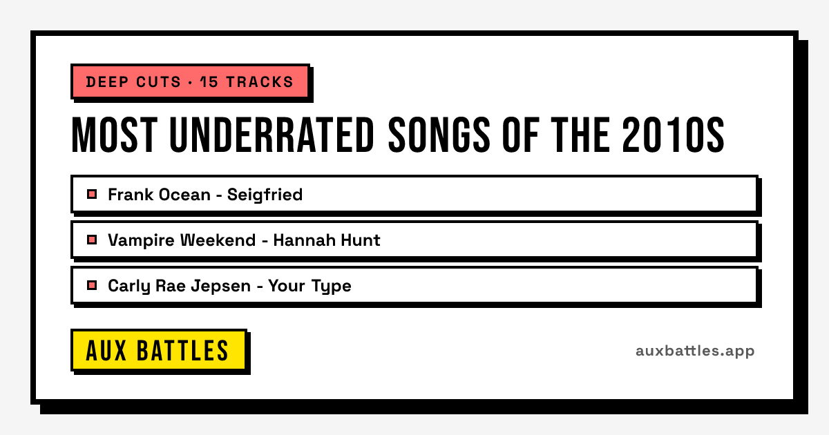 Most Underrated Songs of the 2010s card from Aux Battles, showing Frank Ocean - Seigfried, Vampire Weekend - Hannah Hunt
