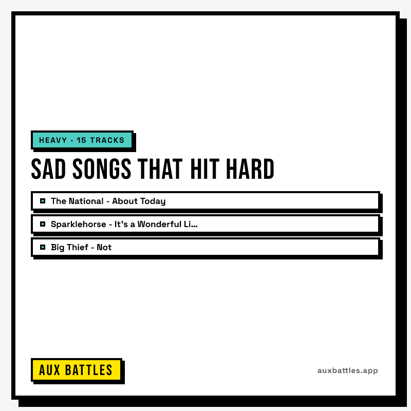 Sad Songs That Hit Hard card from Aux Battles, showing The National - About Today, Sparklehorse - It's a Wonderful Life