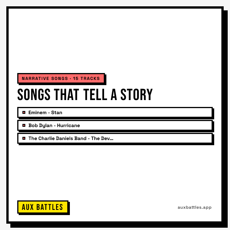 Songs That Tell a Story card from Aux Battles, showing Eminem - Stan, Bob Dylan - Hurricane