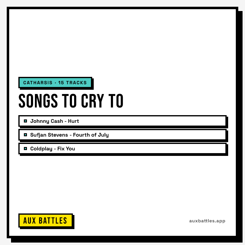 Songs to Cry To card from Aux Battles, showing Johnny Cash - Hurt, Sufjan Stevens - Fourth of July, Coldplay - Fix You
