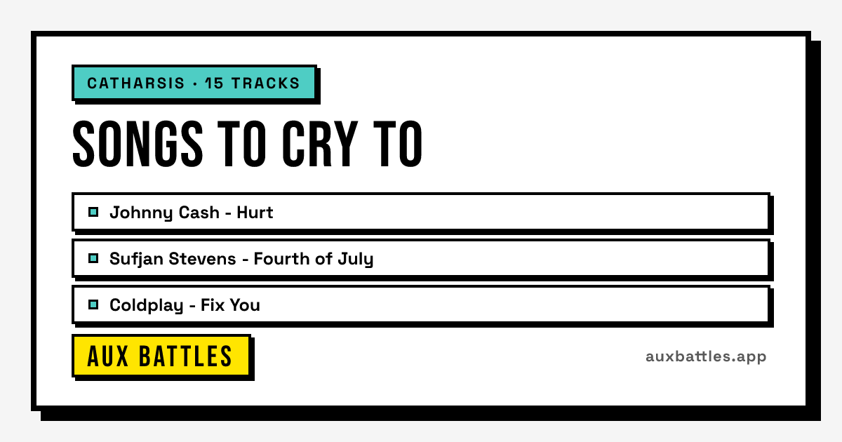 Songs to Cry To card from Aux Battles, showing Johnny Cash - Hurt, Sufjan Stevens - Fourth of July, Coldplay - Fix You