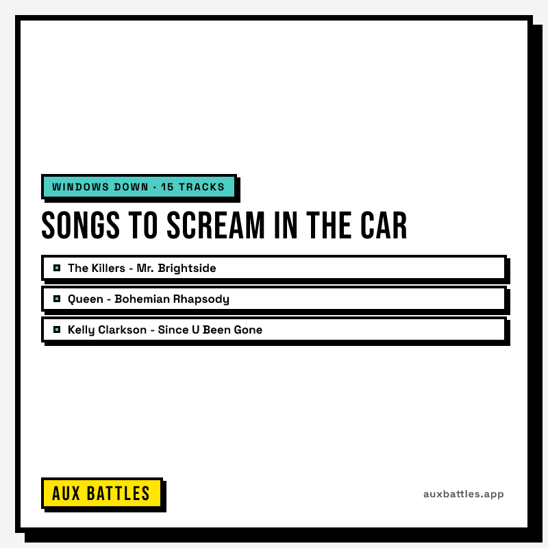 Songs to Scream in the Car card from Aux Battles, showing The Killers - Mr. Brightside, Queen - Bohemian Rhapsody