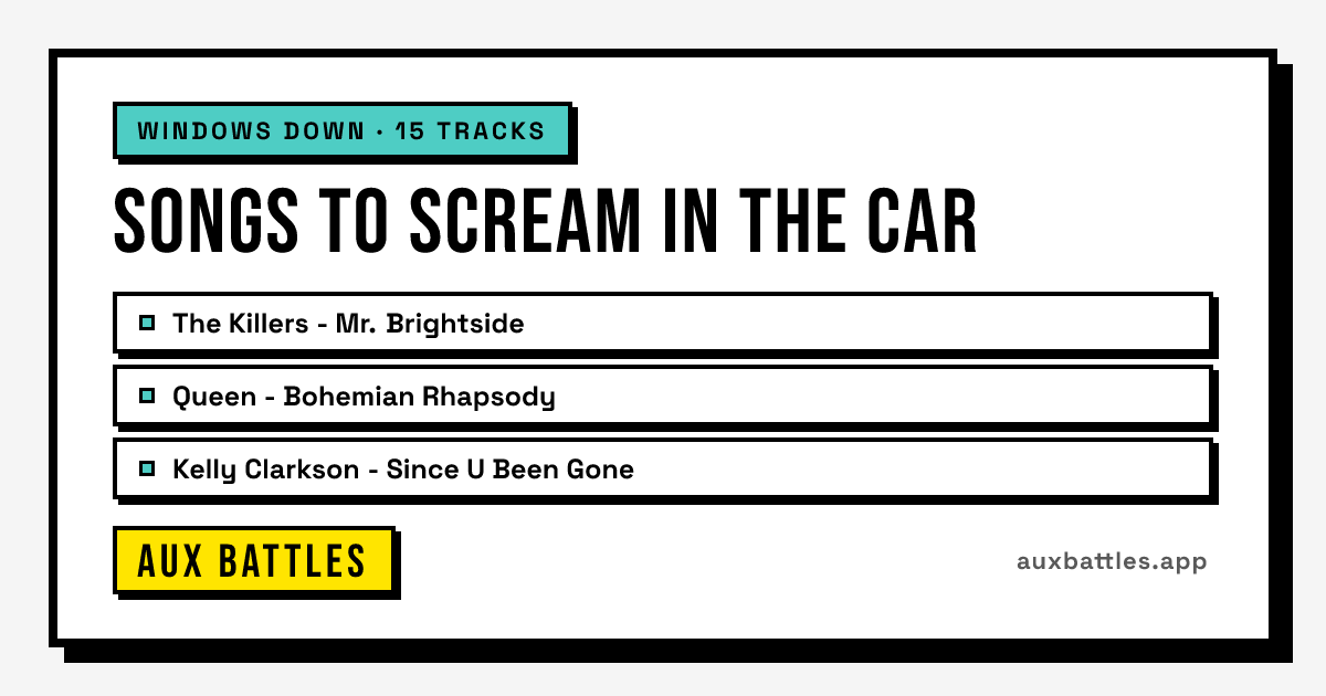 Songs to Scream in the Car card from Aux Battles, showing The Killers - Mr. Brightside, Queen - Bohemian Rhapsody