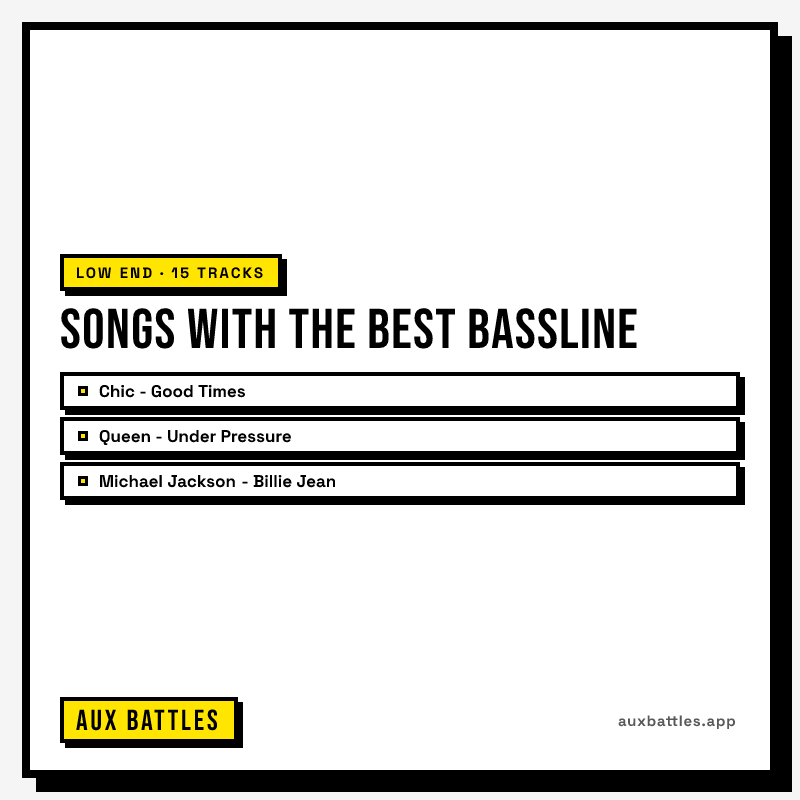 Songs With the Best Bassline card from Aux Battles, showing Chic - Good Times, Queen - Under Pressure